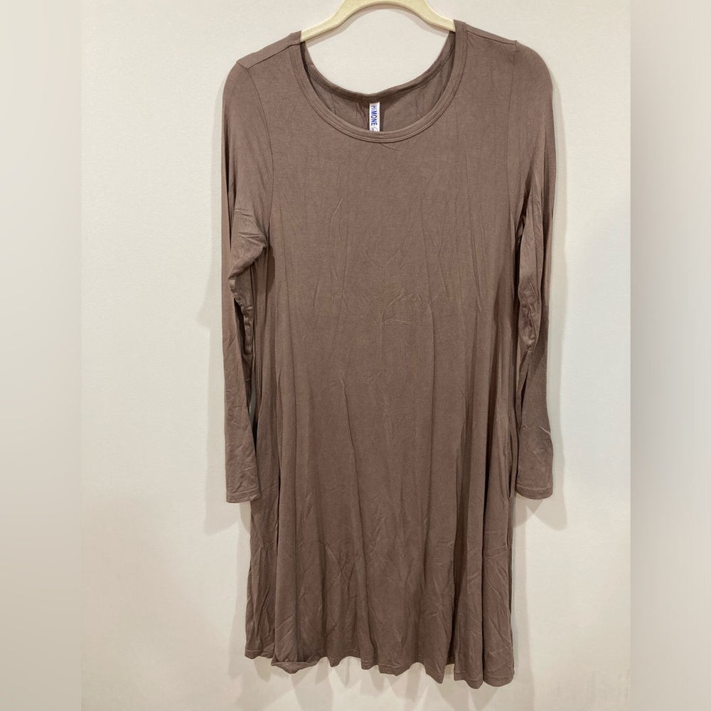 Himone Tan Long Sleeve Solid Dress with Pockets Large - Picture 2 of 13